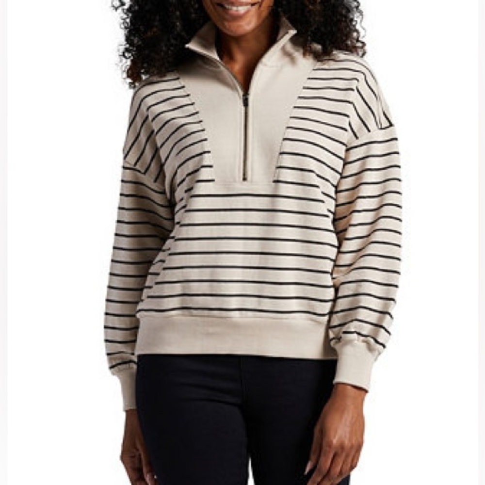 LOFT Striped XL Zip Up Quarter Half Sweater Preppy Casual Womens Cotton